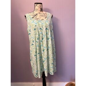 Pintuck Sleeveless Nightgown Blue Green Butterfly Print Vintage Grandma Chic